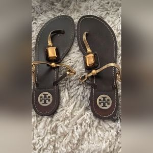 Tory Burch Designer Topaz Gold Jeweled Stone Gemstone leather sandals size 7.5